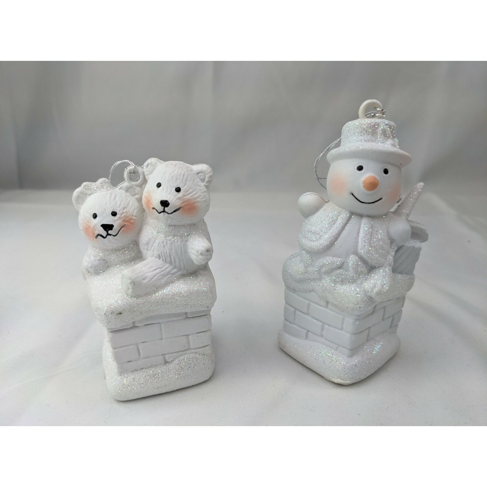 Bears Snowman‎ Chimney Christmas Tree Ornament White Glitter Plastic